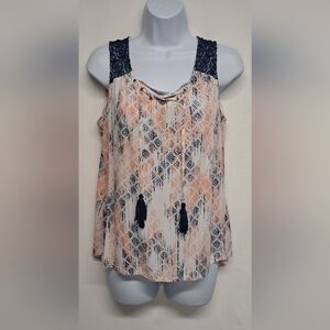 Como Petite PM Sleeveless Top Lightweight Lace Partial Tie Front Fringe